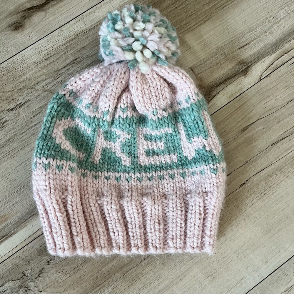 Pink and Green hand made Knit Pom-Pom Beanie “crew” bridesmaid streetstyle